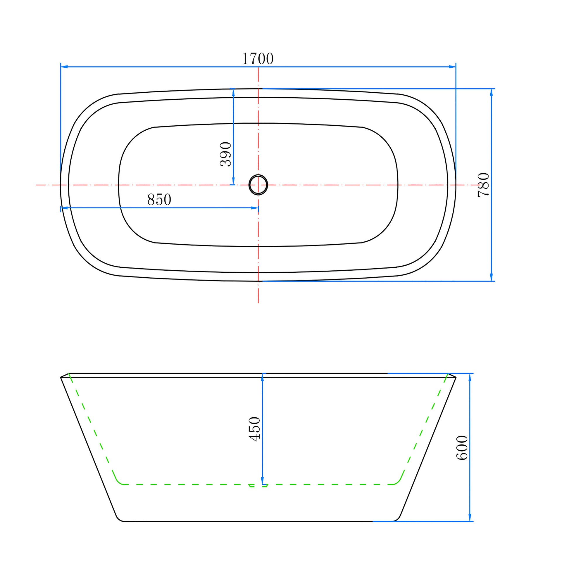 Aica Halfvrijstaand Bad 150x72x60cm/170x78x60cm-Mat zwart-Acryl-Met Afvoer-Eenvoudig te Installeren
