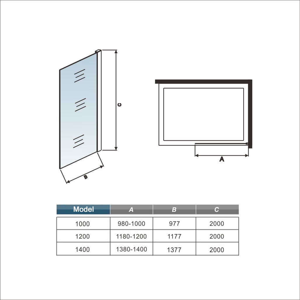 Inloopdouche 100x200cm met zwart folie, 10mm NANO EasyClean veiligheidsglas,+ F-vorm: 140cm Stabilisatiestang