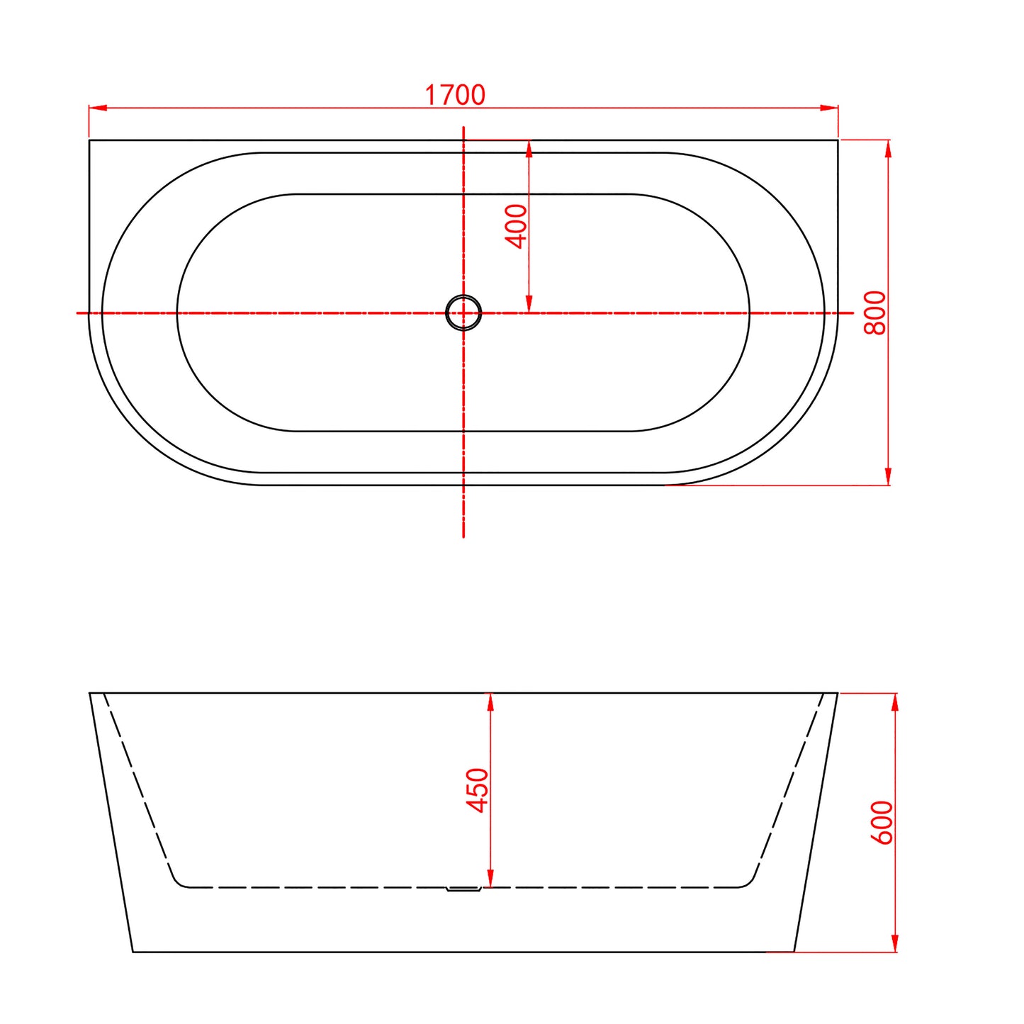 Aica Halfvrijstaand Bad 150x75x58cm/170x80x60cm-Helder Wit-Acryl-Met Afvoer-Eenvoudig te Installeren