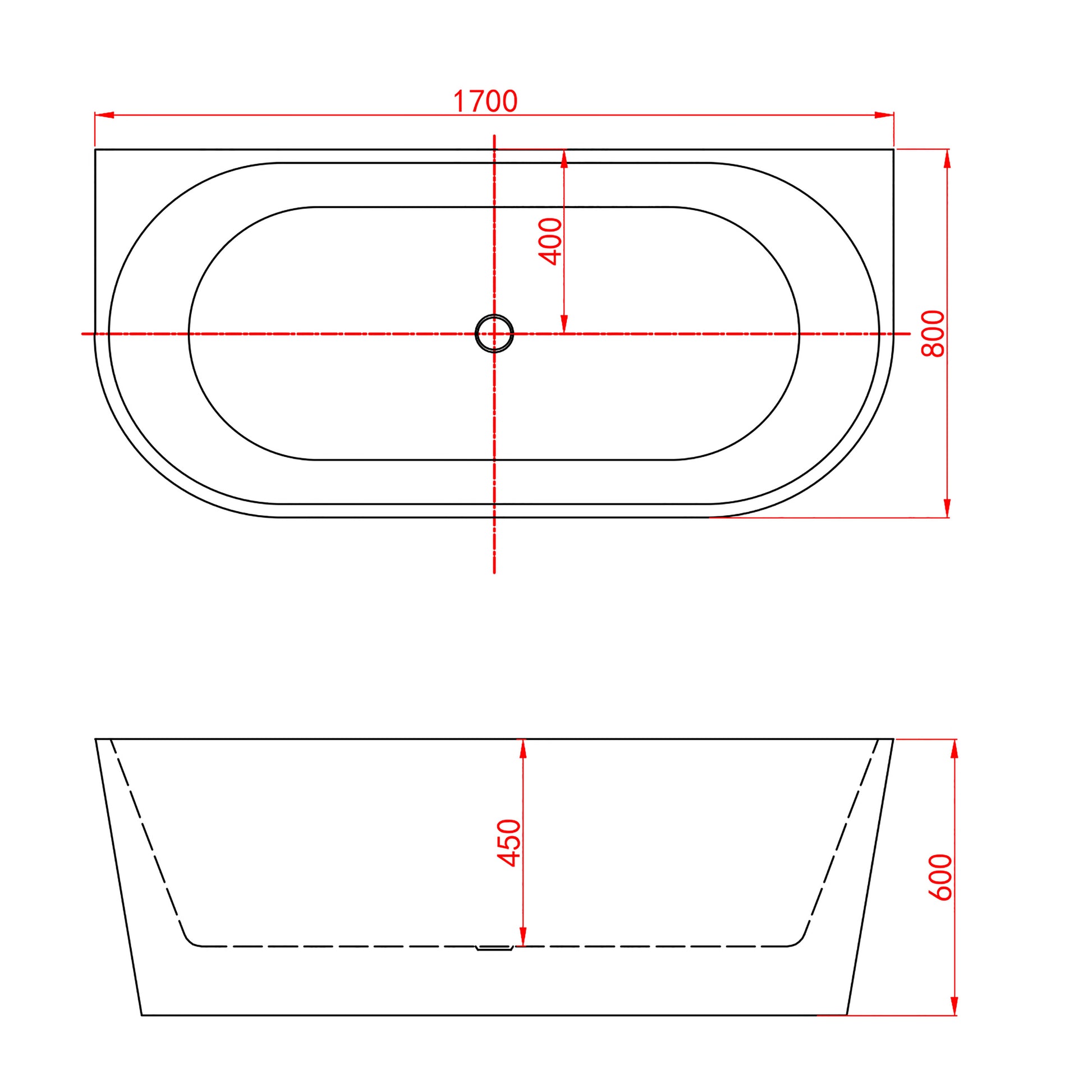 Aica Halfvrijstaand Bad 150x75x58cm/170x80x60cm-Helder Wit-Acryl-Met Afvoer-Eenvoudig te Installeren