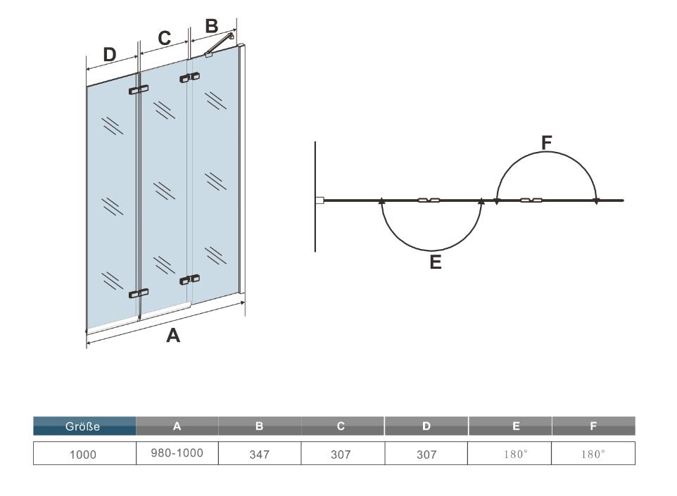 3- delig opvouwbaar badwand,100X140 cm hoog,6mm veiligheidsglas