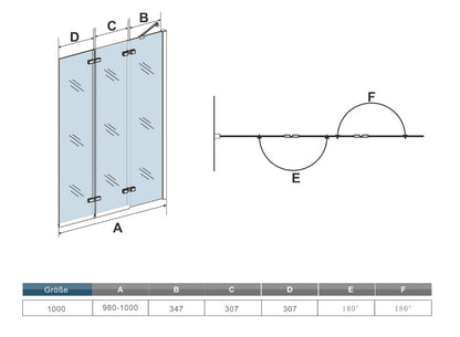 3- delig opvouwbaar badwand,100X140 cm hoog,6mm veiligheidsglas