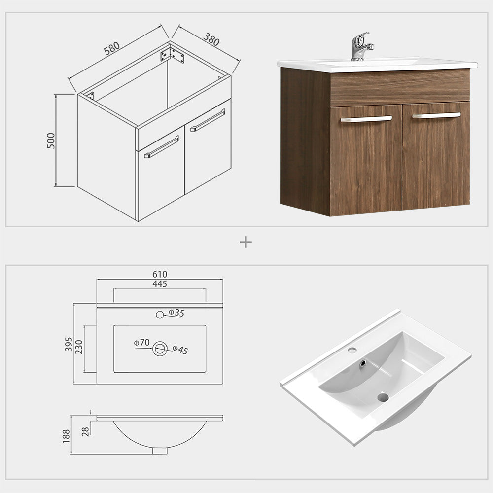 Badmeubel 60 cm met onderbouw kast, keramiek Wastafel, Badmeubel met waskom, Badkamermeubel Set, Wastafelonderkast,wit kleur/walnoot kleur