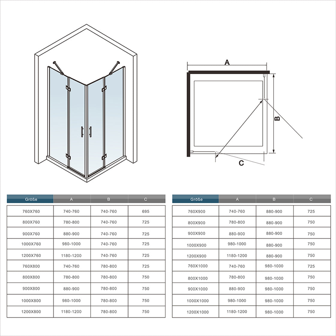 Hoek-instap draaideur douchecabine,6mm helder nano veiligheidsglas easyclean antikalk,hoogte 195cm