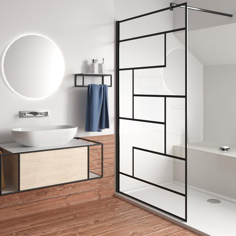Inloopdouche 200cm hoog, 8 mm NANO EasyClean veiligheidsglas , met zwart decor,stabilisatiestang 90/140cm