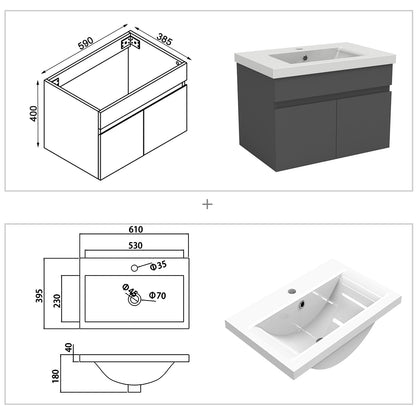 Wastafelonderbouw met onderkast 60 cm Badkamermeubels met keramische wastafel, gastentoilet,Antraciet mat Dik keramiek