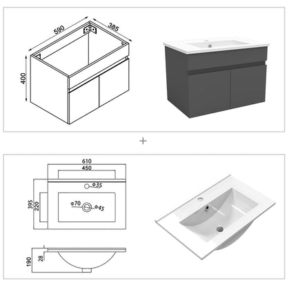 Wastafelonderbouw met onderkast 60 cm Badkamermeubels met keramische wastafel, gastentoilet,Antraciet mat Dun keramiek