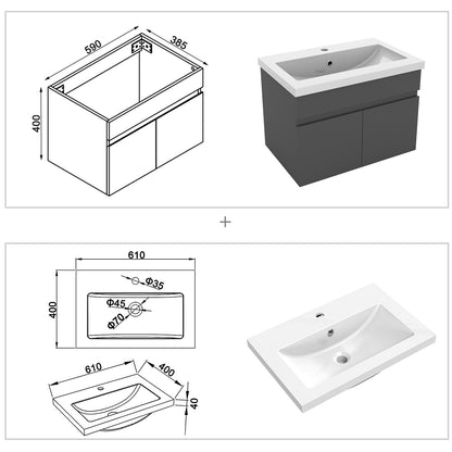 Wastafelonderbouw met onderkast 60 cm Badkamermeubels met keramische wastafel, gastentoilet,Antraciet mat Wit kunstmarmer