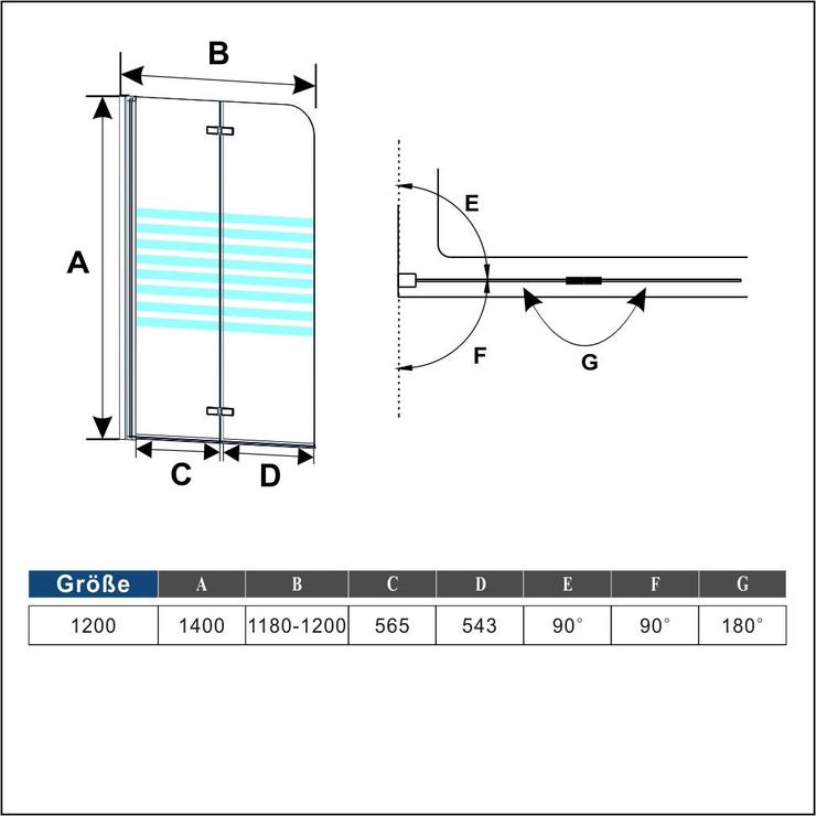 2-delig badwand 120x140cm,6mm Nano Coating helder veiligheidsglas,Links