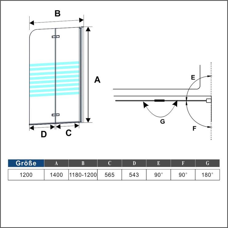 120x140cm 2-delig bawand 6 mm ESG NANO-veiligheidsglas met Gesatineerde Stroken ,rechts