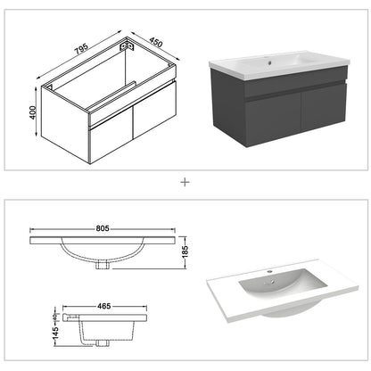 Badkamermeubelset 80 cm badmeubel met onderkast wit mat/antraciet mat/eik mat antraciet mat