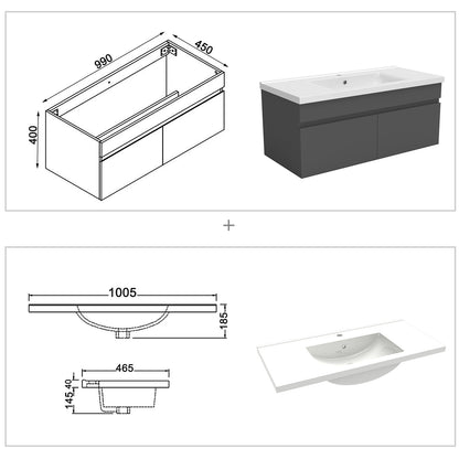 Badkamermeubelset 100 cm badmeubel met onderkast wit mat/antraciet mat/eik mat antraciet mat