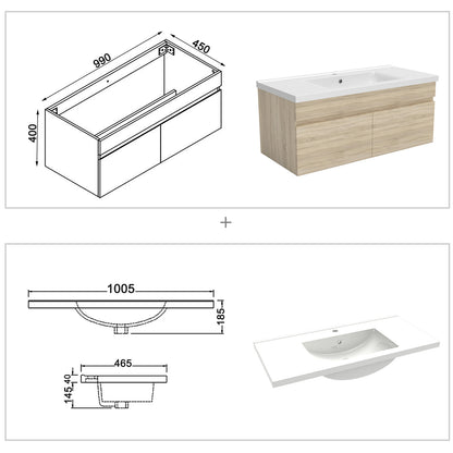 Badkamermeubelset 100 cm badmeubel met onderkast wit mat/antraciet mat/eik mat eik mat