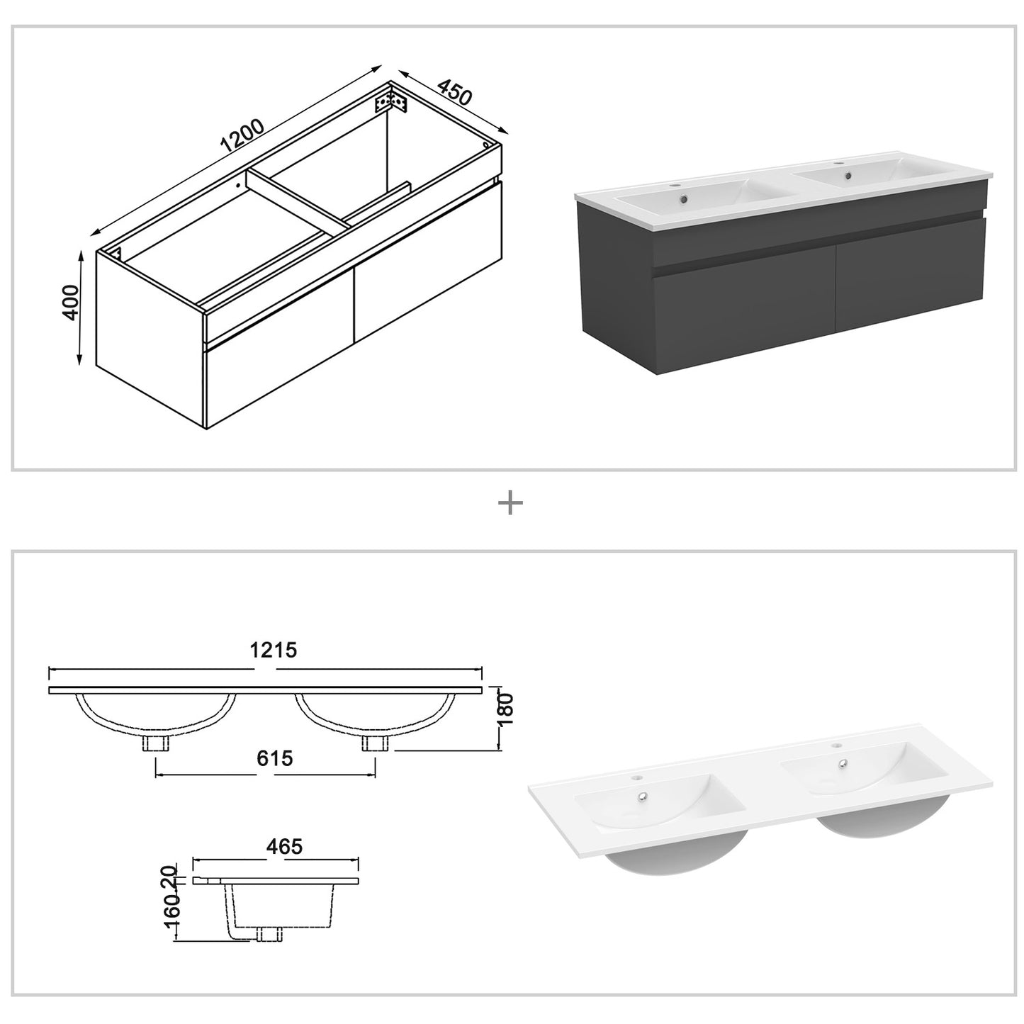 Badkamermeubelset 120 cm badmeubel met onderkast wit mat/antraciet mat/eik mat antraciet mat