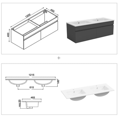 Badkamermeubelset 120 cm badmeubel met onderkast wit mat/antraciet mat/eik mat antraciet mat