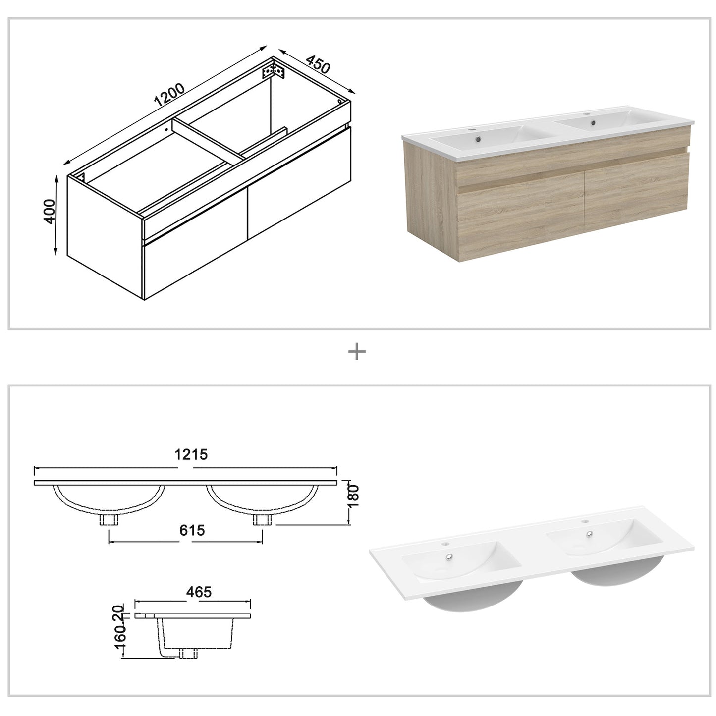 Badkamermeubelset 120 cm badmeubel met onderkast wit mat/antraciet mat/eik mat eik mat