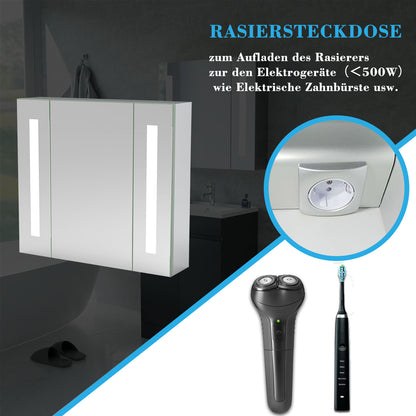LED Badkamerspiegelkast met verlichting - 65x60 cm - aluminium met LED-verlichting verlichte spiegelkast infraroodsensorschakelaar, met stopcontacten voor scheerapparaten, koud wit