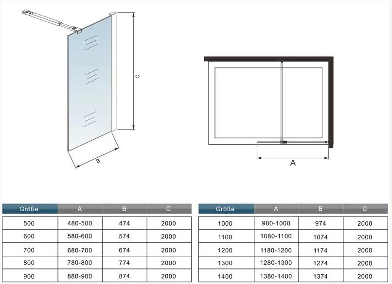 Inloopdouche 200cm hoog, helder anti-kalk incl zwart profiel & stang