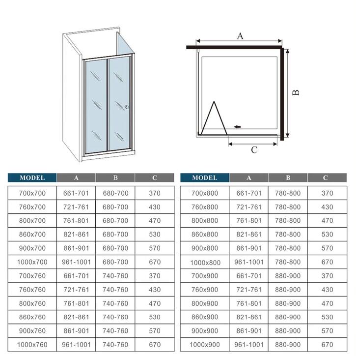 vouwbare douchedeur,douchecabine,zijpaneel,verchroomd profiel,6mm helder veiligheidsglas