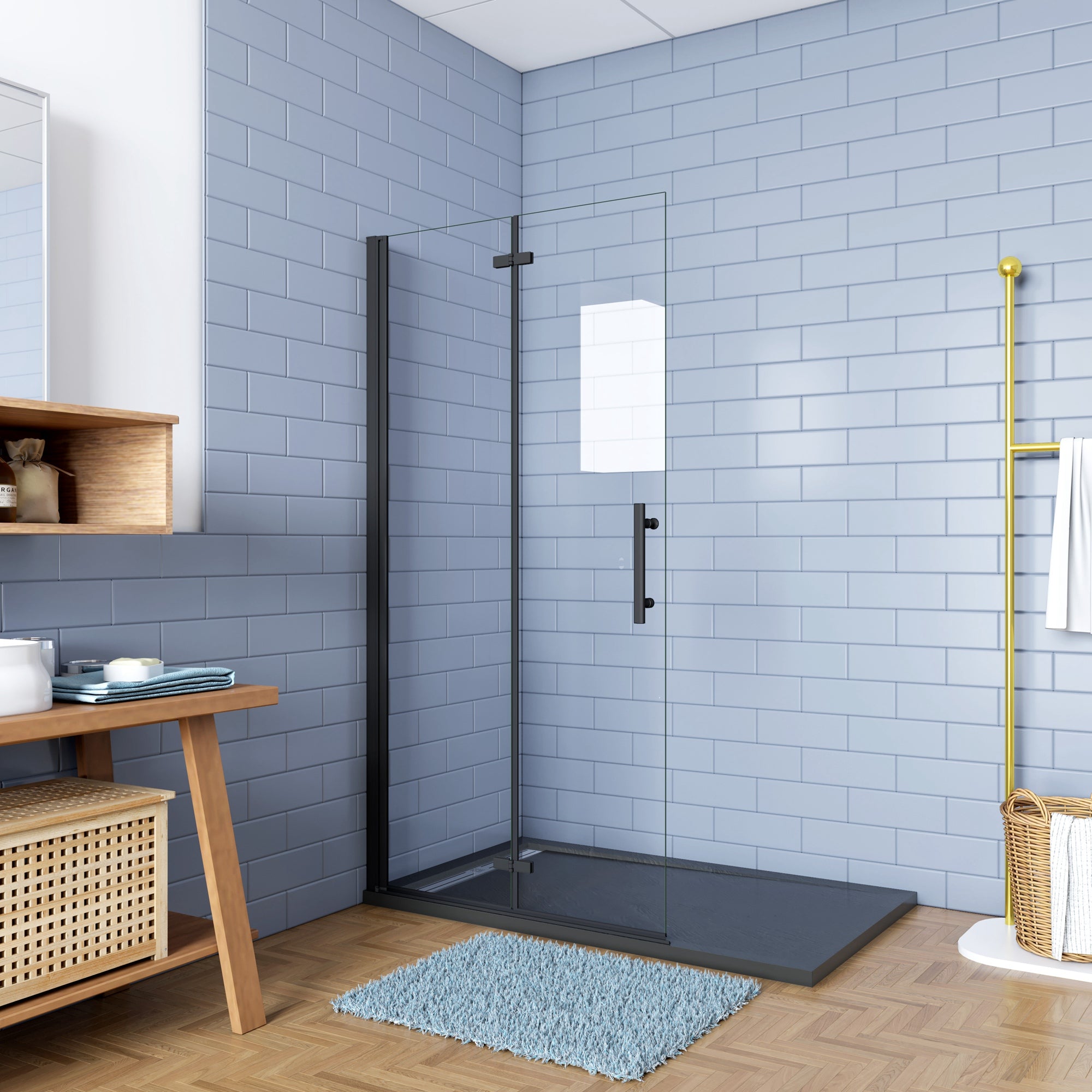 Inloopdouche 195cm, Vouwdeur Mat Zwart Profiel ,6mm NANO EasyClean veiligheidsglas