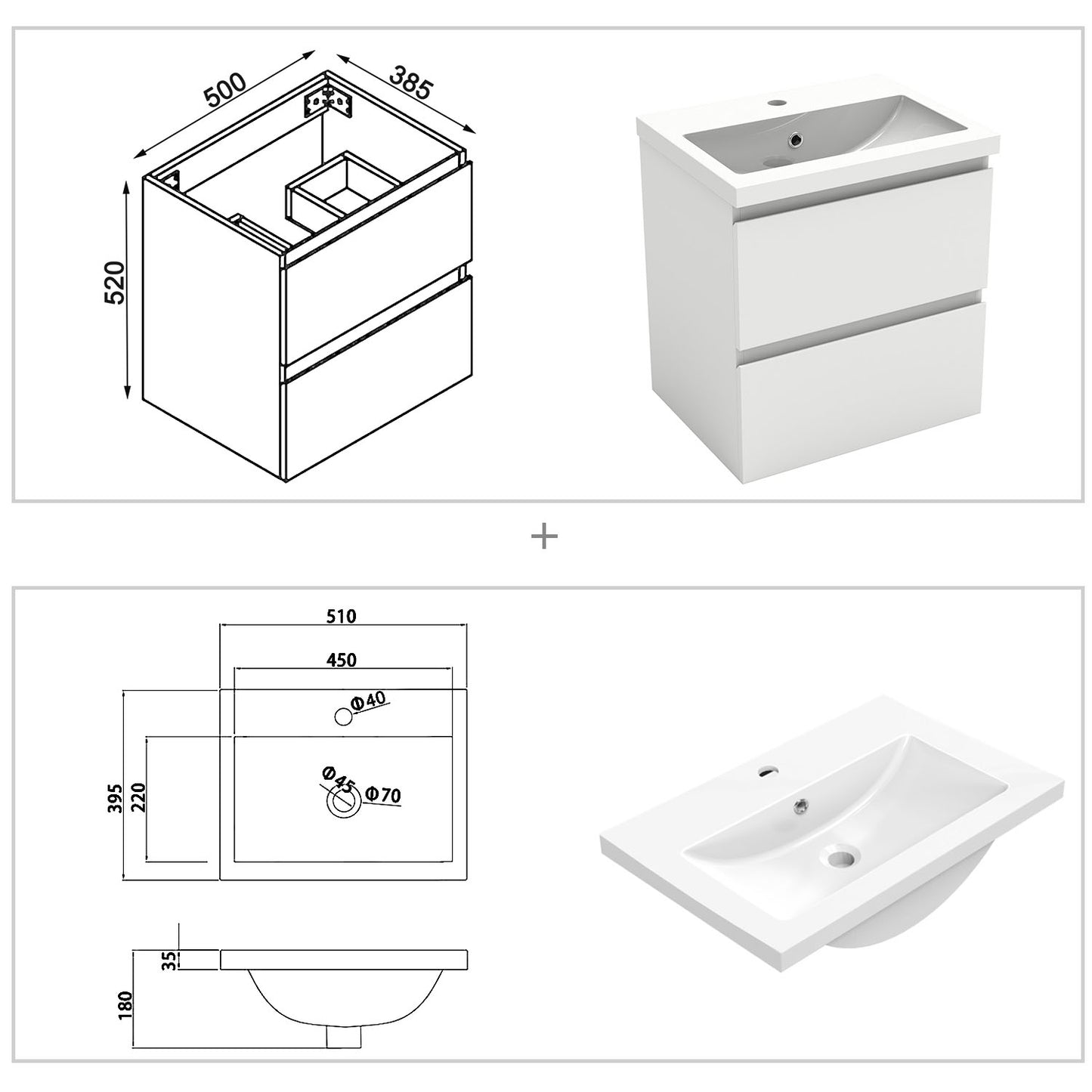 Wastafelonderbouw met onderkast 50 cm badkamermeubels met wastafel gastentoilet wit mat/antraciet mat/eik mat wit mat Kunstmarmer