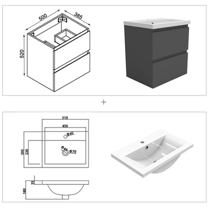 Wastafelonderbouw met onderkast 50 cm badkamermeubels met wastafel gastentoilet wit mat/antraciet mat/eik mat antraciet mat Keramiek