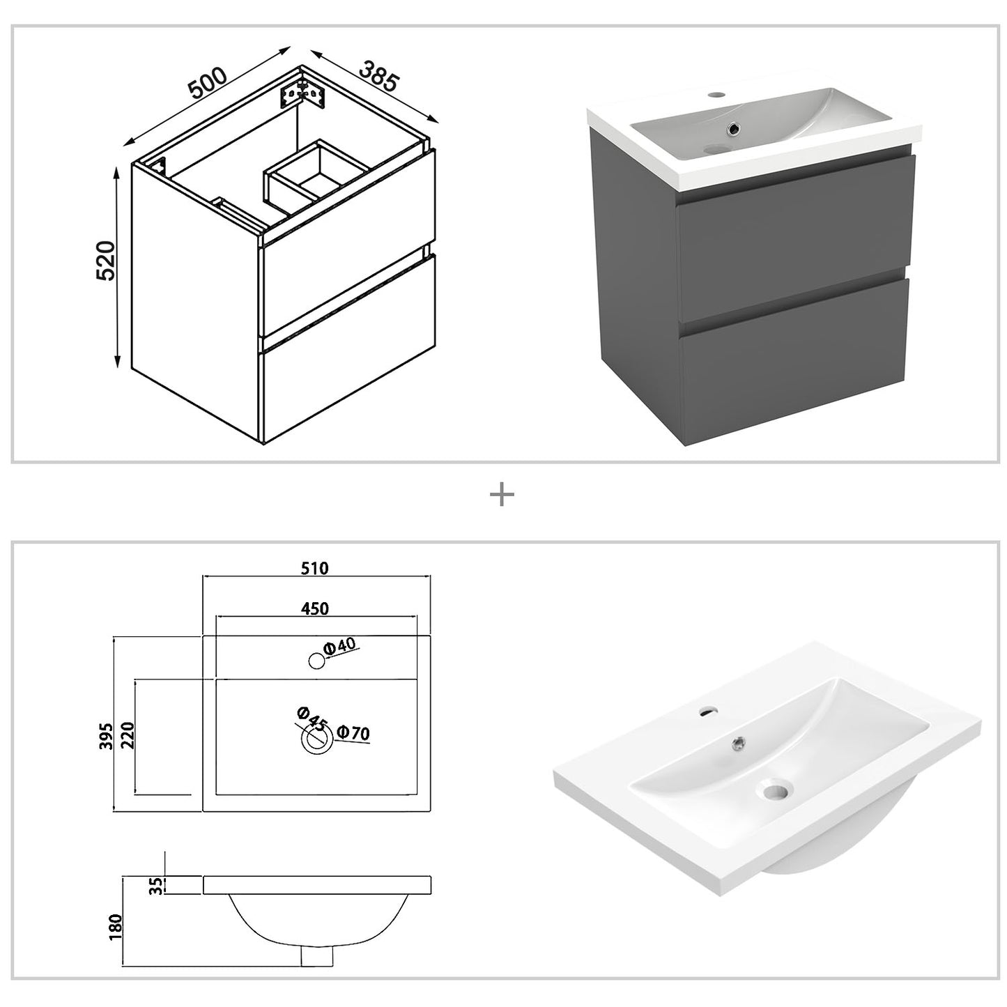 Wastafelonderbouw met onderkast 50 cm badkamermeubels met wastafel gastentoilet wit mat/antraciet mat/eik mat antraciet mat Kunstmarmer