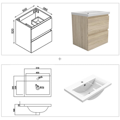 Wastafelonderbouw met onderkast 50 cm badkamermeubels met wastafel gastentoilet wit mat/antraciet mat/eik mat eik mat Keramiek