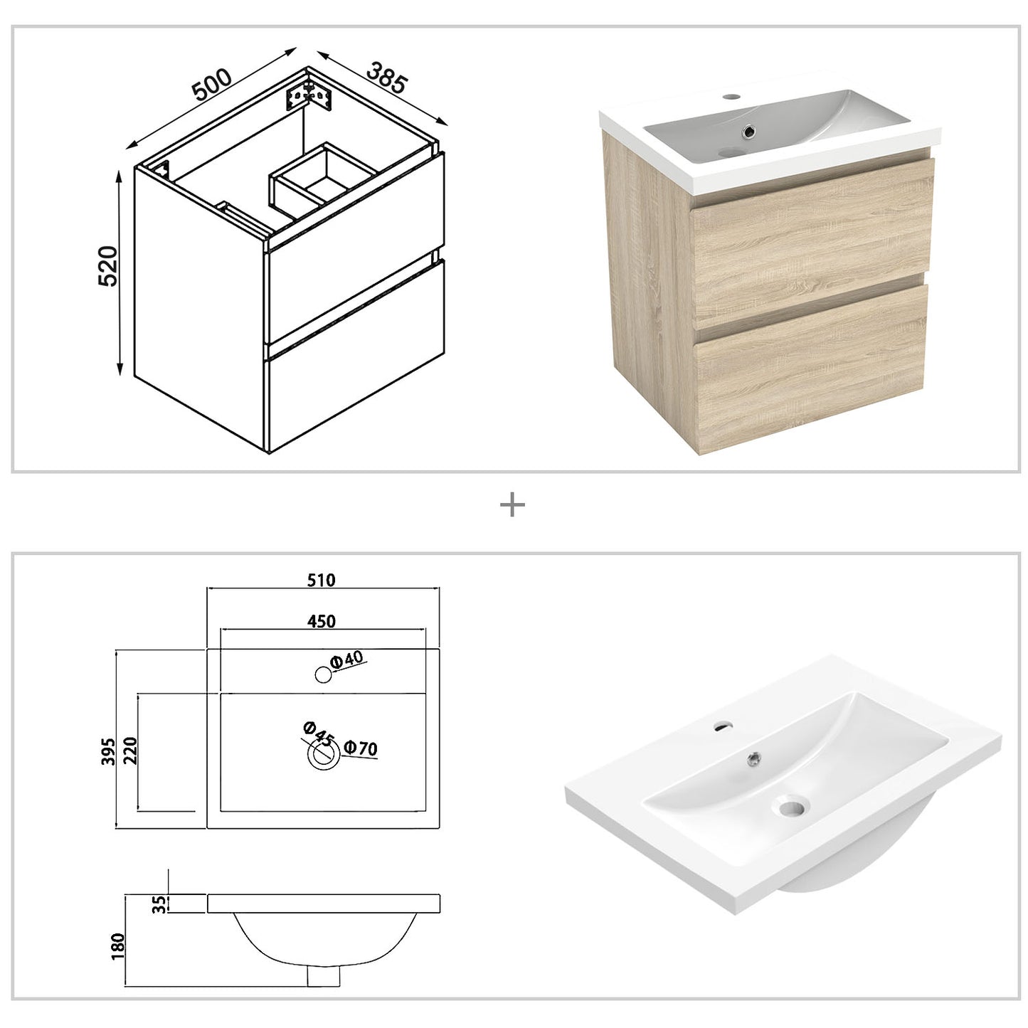 Wastafelonderbouw met onderkast 50 cm badkamermeubels met wastafel gastentoilet wit mat/antraciet mat/eik mat eik mat Kunstmarmer