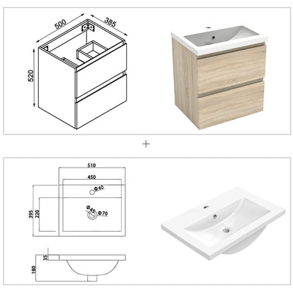 Wastafelonderbouw met onderkast 50 cm badkamermeubels met wastafel gastentoilet wit mat/antraciet mat/eik mat eik mat Kunstmarmer