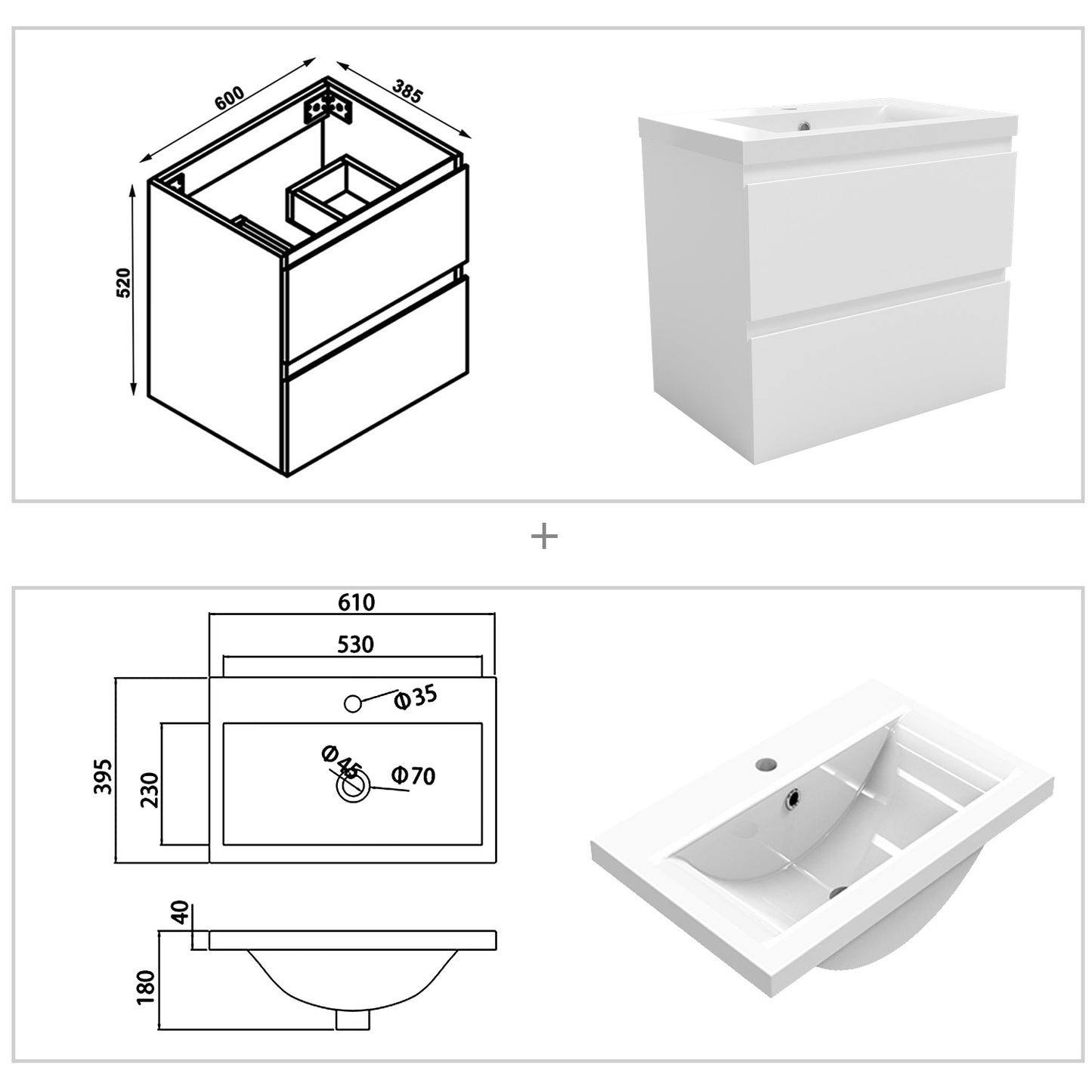 Wastafelonderbouw met onderkast 60 cm badkamermeubels met wastafel gastentoilet wit mat Dik keramiek