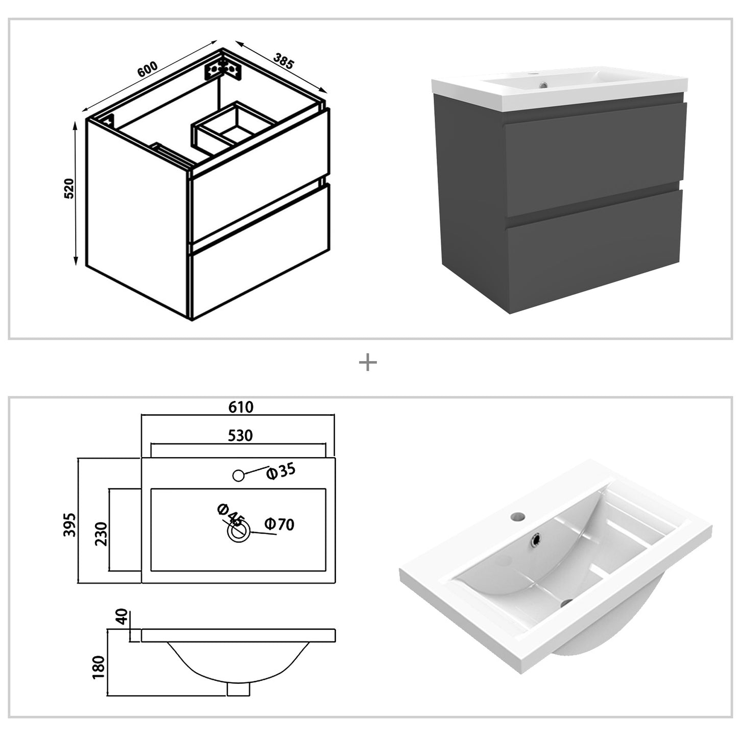 Wastafelonderbouw met onderkast 60 cm badkamermeubels met wastafel gastentoilet antraciet mat Dik keramiek