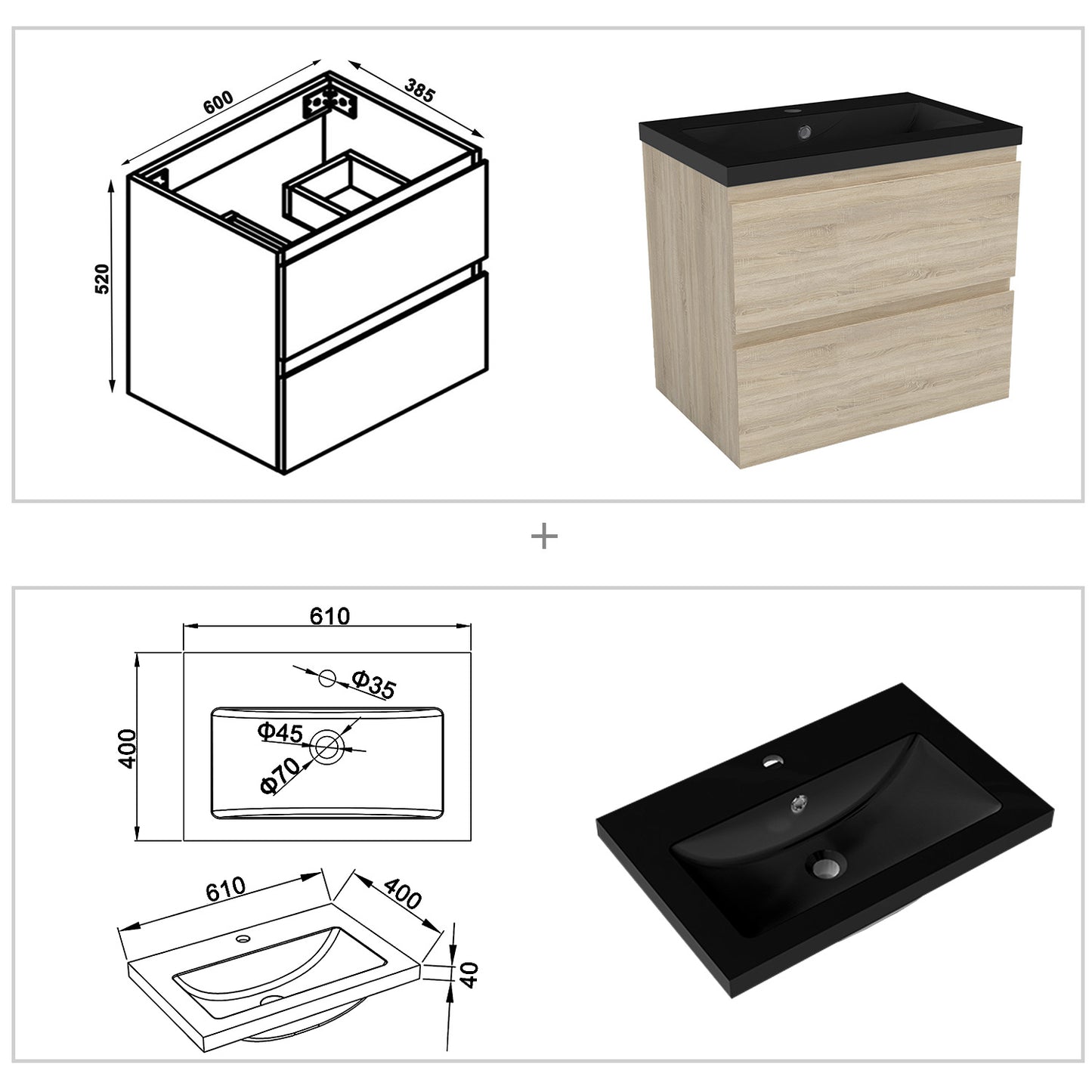 Wastafelonderbouw met onderkast 60 cm badkamermeubels met wastafel gastentoilet eik mat Zwart kunstmarmer