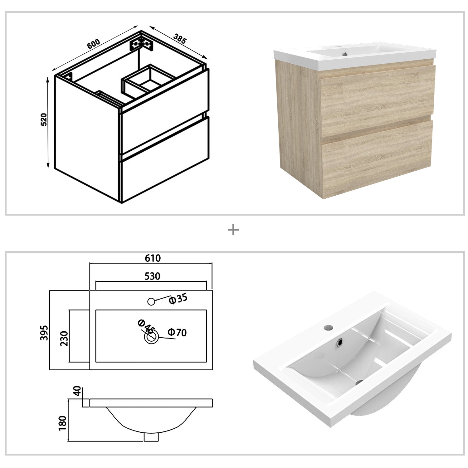 Wastafelonderbouw met onderkast 60 cm badkamermeubels met wastafel gastentoilet eik mat Dik keramiek