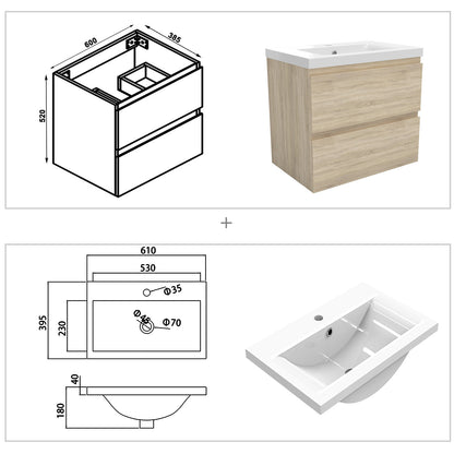 Wastafelonderbouw met onderkast 60 cm badkamermeubels met wastafel gastentoilet eik mat Dik keramiek