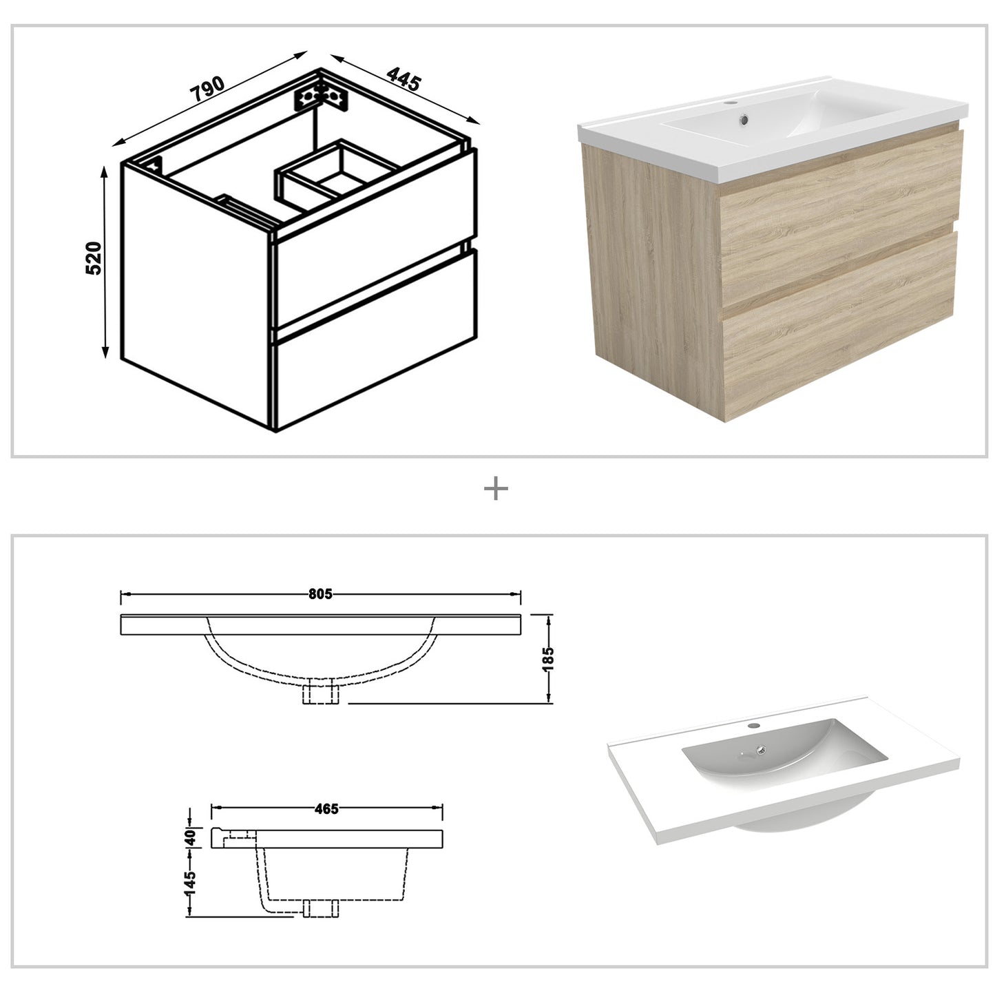 Wastafelonderbouw met onderkast 80 cm, Badkamer badmeubel met onderkast,wit mat/antraciet mat/eik mat eik mat