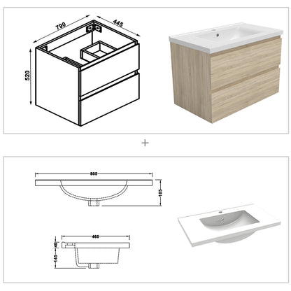 Wastafelonderbouw met onderkast 80 cm, Badkamer badmeubel met onderkast,wit mat/antraciet mat/eik mat eik mat