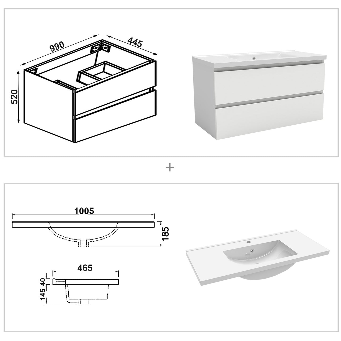 Wastafelonderbouw met onderkast 100 cm, Badkamer badmeubel met onderkast,wit mat/antraciet mat/eik mat wit mat