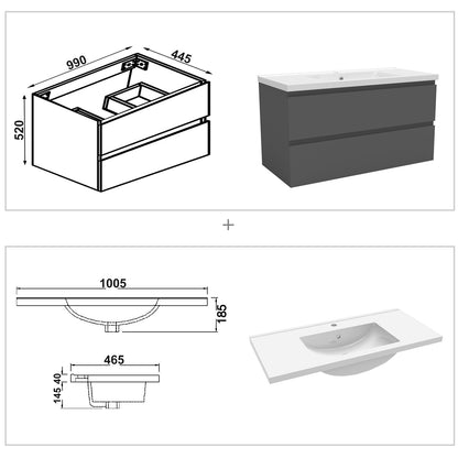 Wastafelonderbouw met onderkast 100 cm, Badkamer badmeubel met onderkast,wit mat/antraciet mat/eik mat antraciet mat