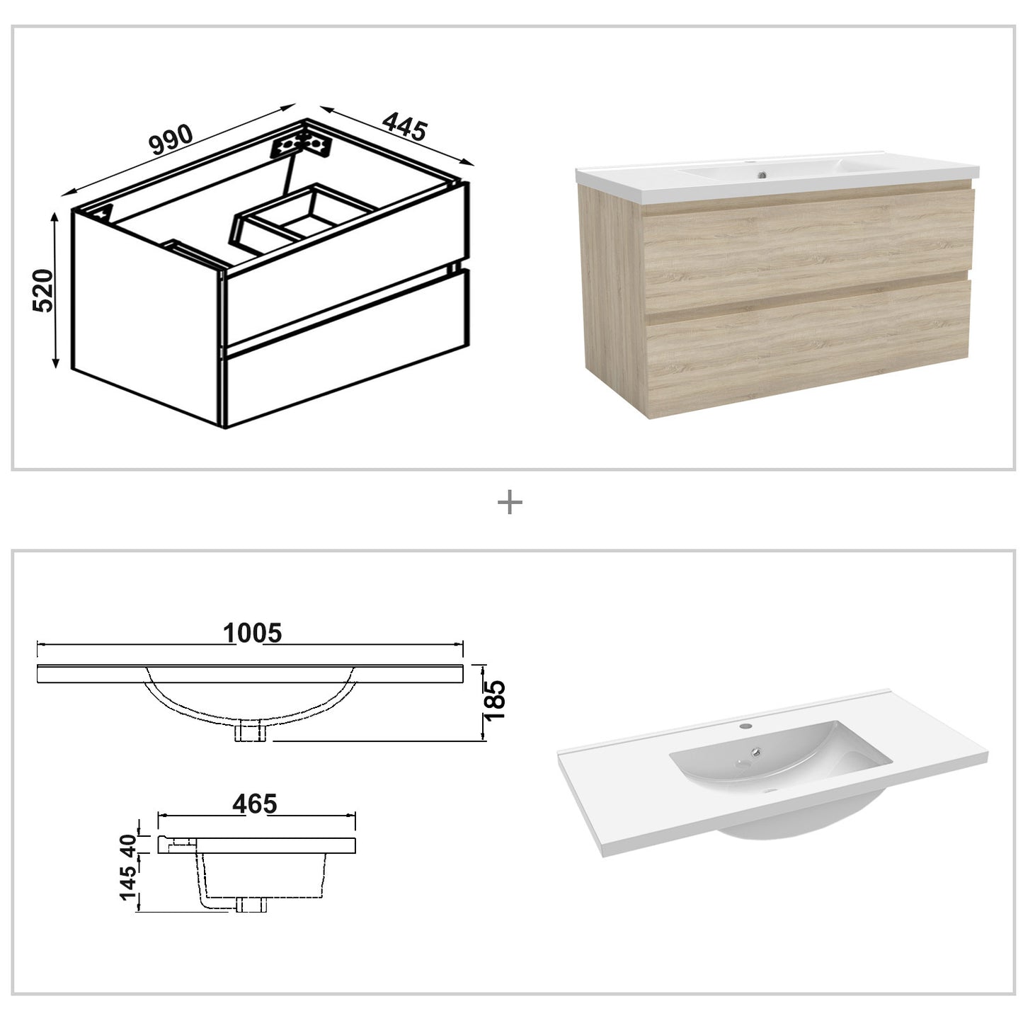 Wastafelonderbouw met onderkast 100 cm, Badkamer badmeubel met onderkast,wit mat/antraciet mat/eik mat eik mat