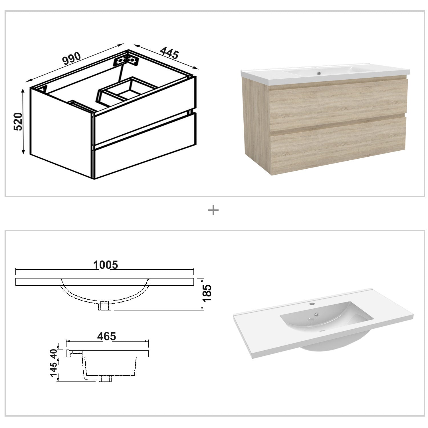 Wastafelonderbouw met onderkast 100 cm, Badkamer badmeubel met onderkast,wit mat/antraciet mat/eik mat eik mat