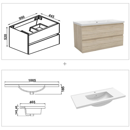 Wastafelonderbouw met onderkast 100 cm, Badkamer badmeubel met onderkast,wit mat/antraciet mat/eik mat eik mat