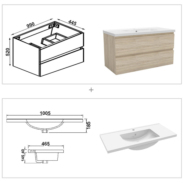 Wastafelonderbouw met onderkast 100 cm, Badkamer badmeubel met onderkast,wit mat/antraciet mat/eik mat