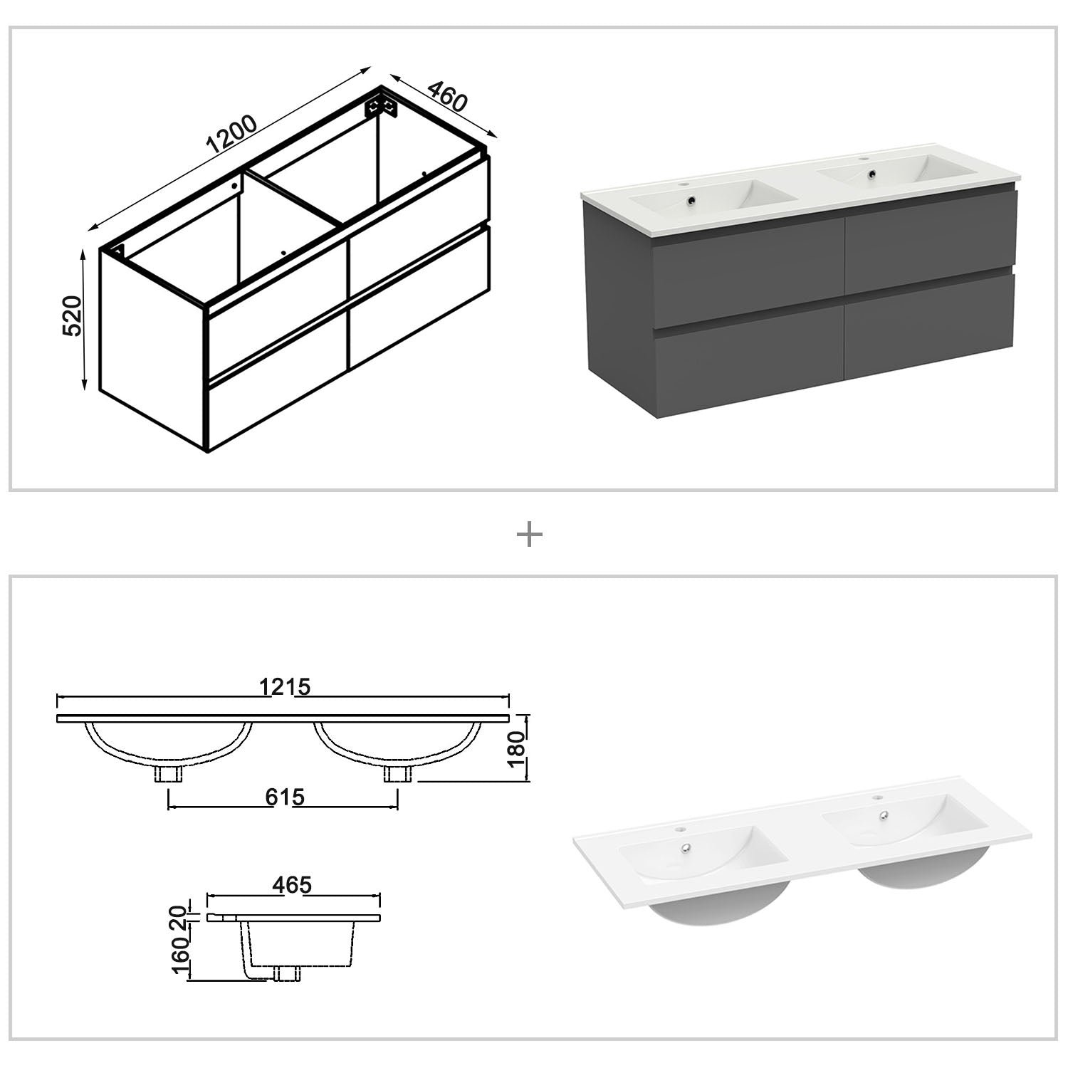 Badkamermeubel set 120 cm ,badmeubel met onderkast wit mat/antraciet mat/eik mat antraciet mat