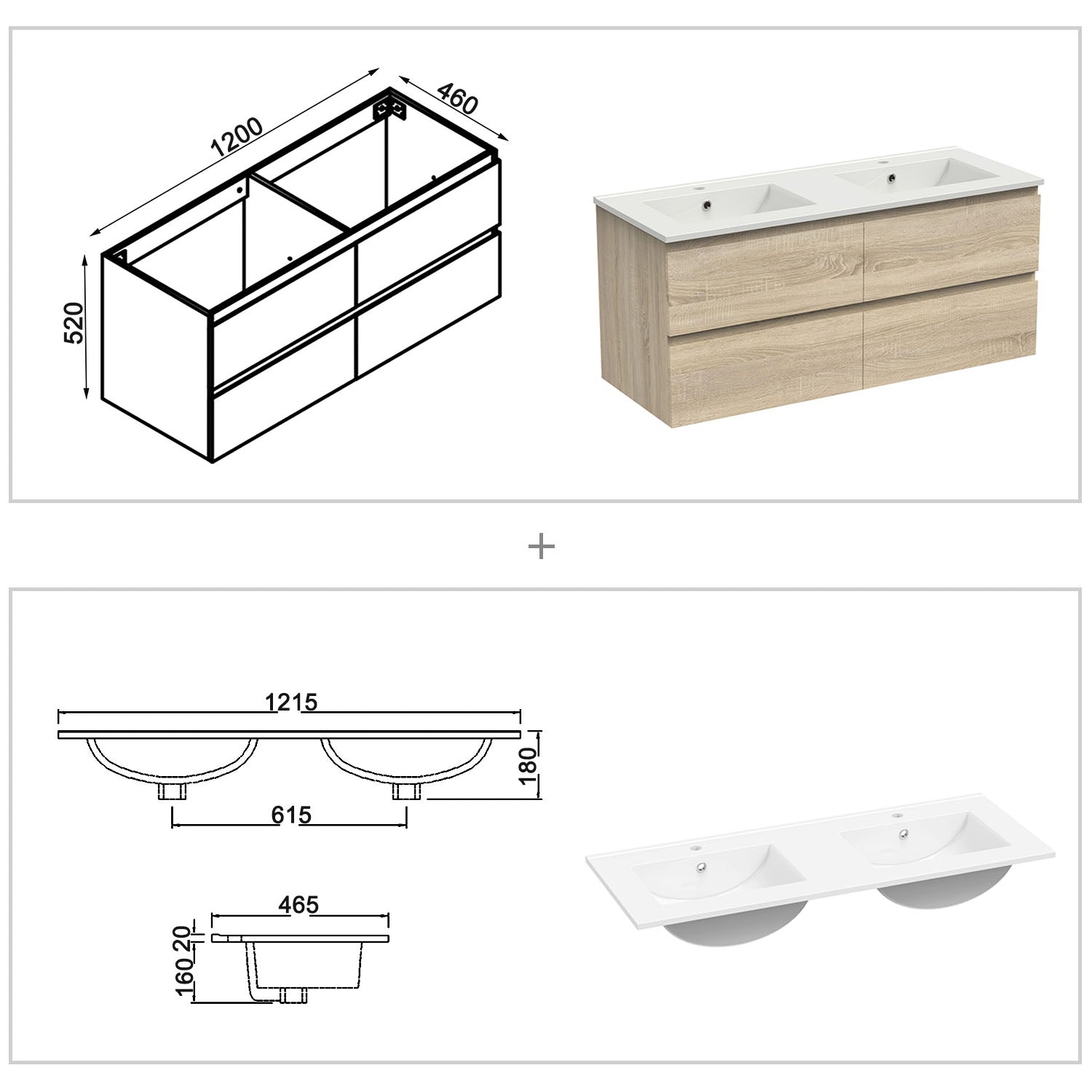 Badkamermeubel set 120 cm ,badmeubel met onderkast wit mat/antraciet mat/eik mat eik mat