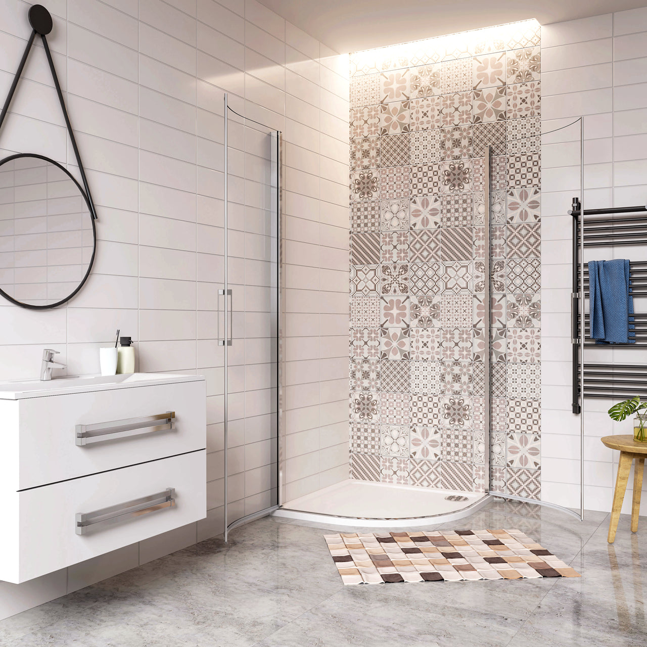 Douchecabine kwartrondmet twee draaideuren, 195cm hoog ,6mm veiligheidsglas, inclusief dochebak