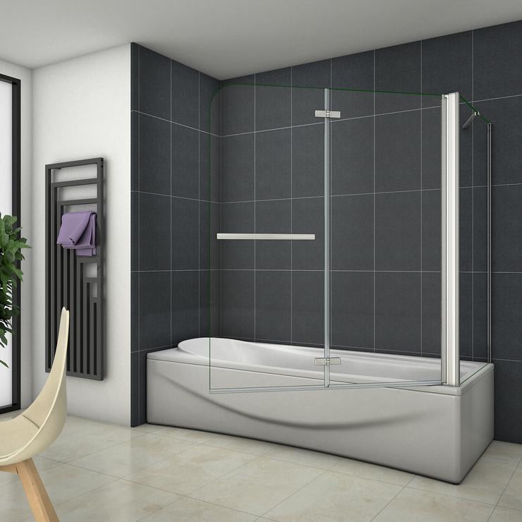Badwand 2-delig, Opklapbare met een handdoekhoudereen vaste wand, 6 mm NANO Coating helderveiligheidsglas, 140cm hoog