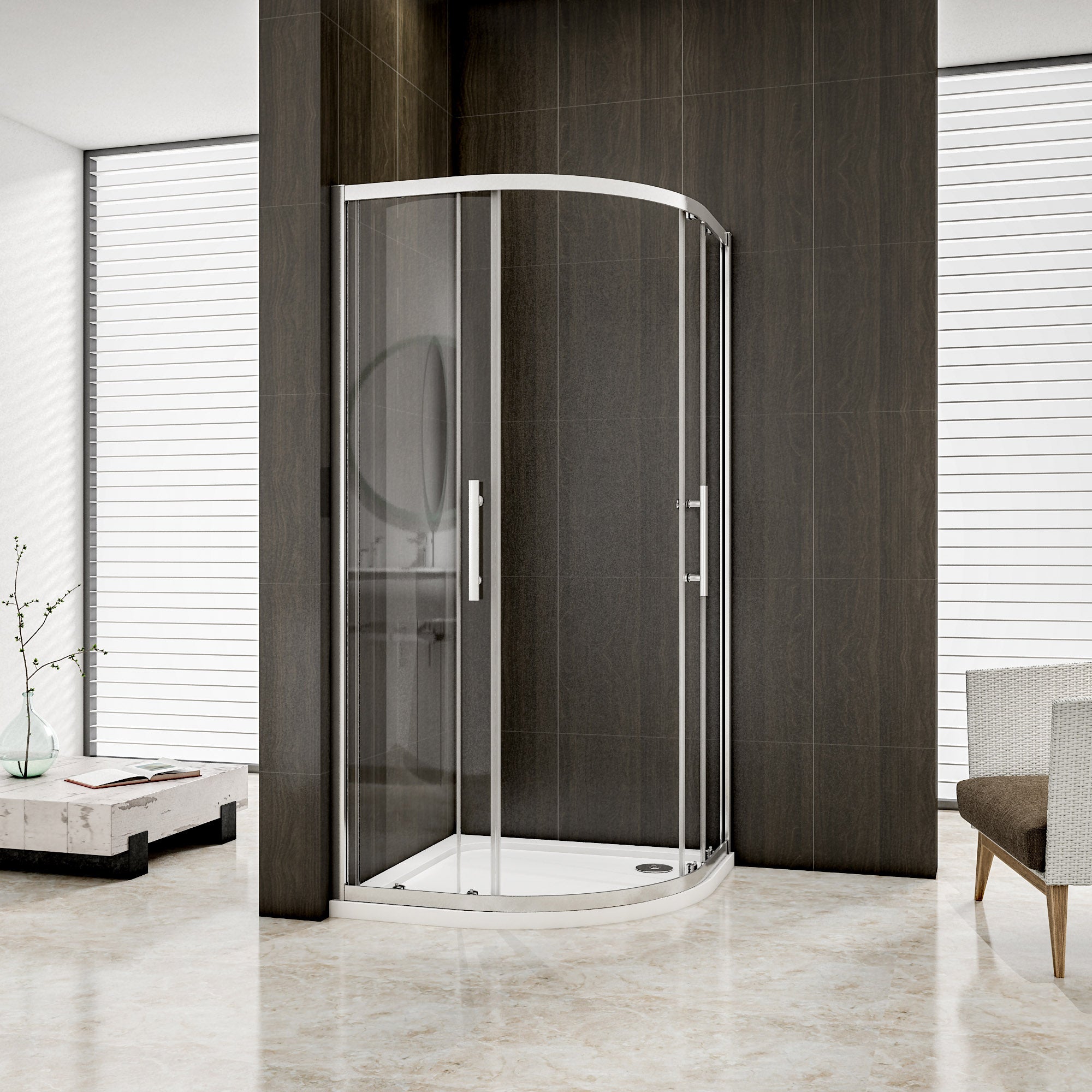 kwartronde douchecabine dubbele schuifdeur, hoek-instap douchecabine, 6mm helder veiligheidsglas
