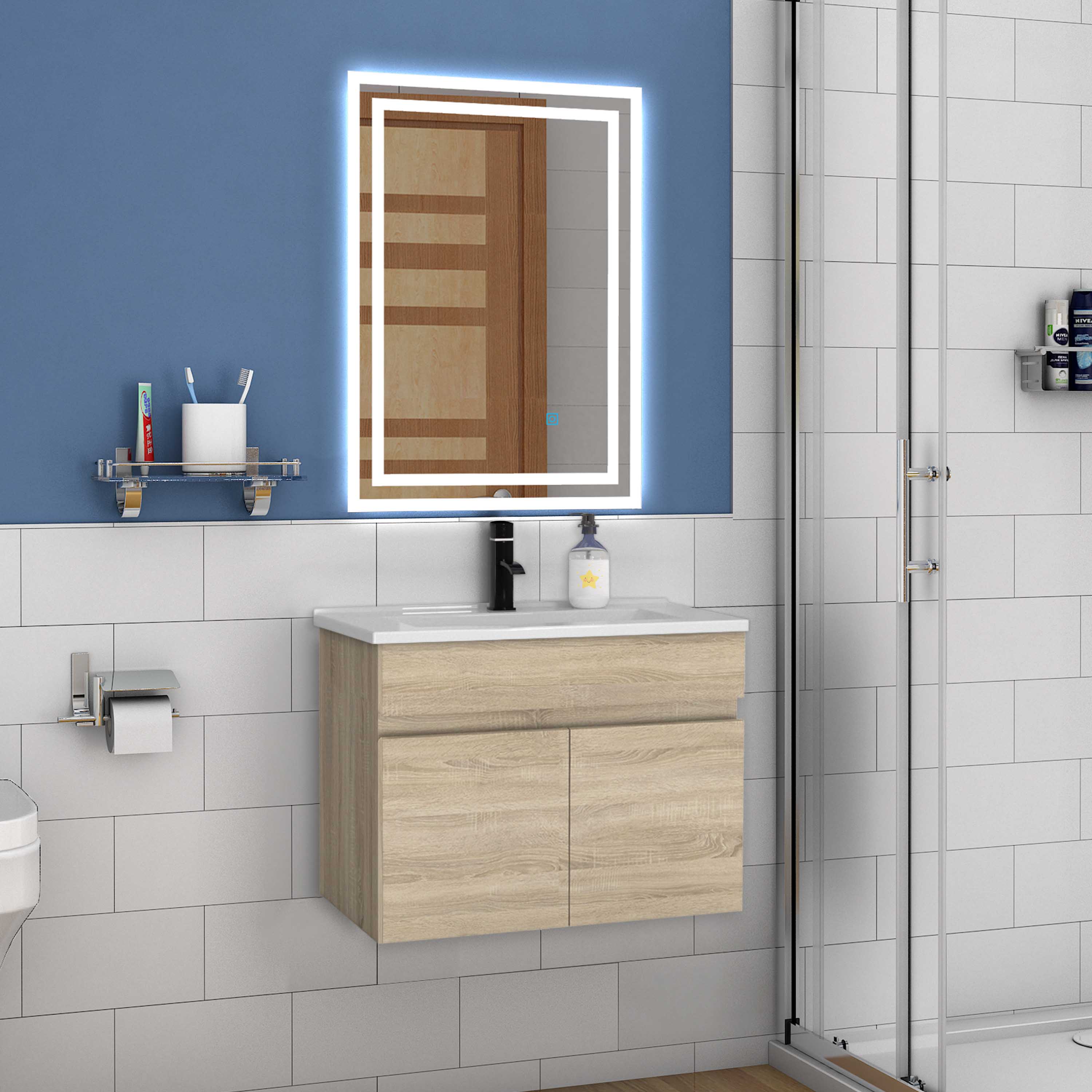 Wastafelonderbouw met onderkast 60 cm Badkamermeubels met keramische wastafel,gastentoilet,eik mat