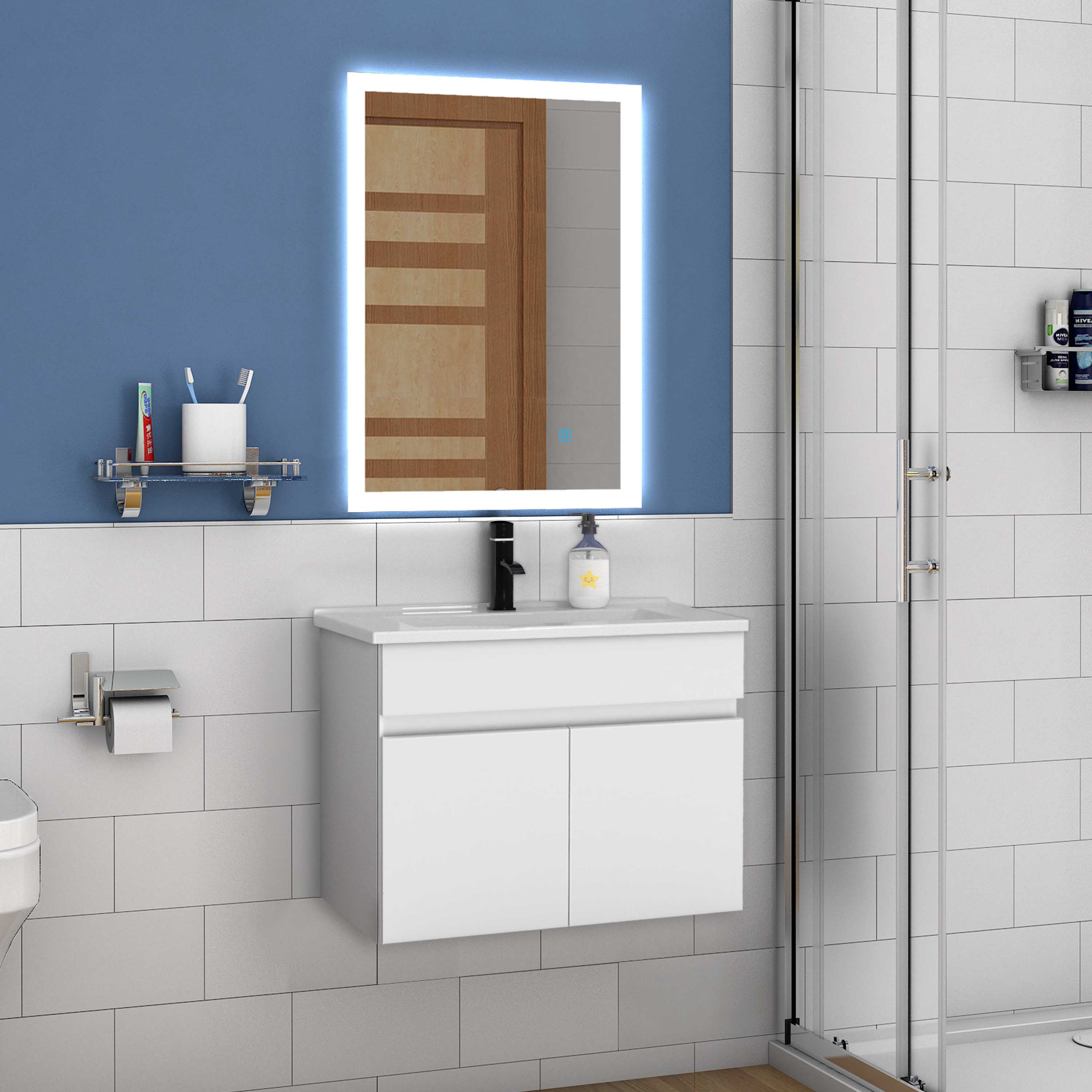 Wastafelonderbouw met onderkast 60 cm Badkamermeubels met keramische wastafel, gastentoilet,mat wit